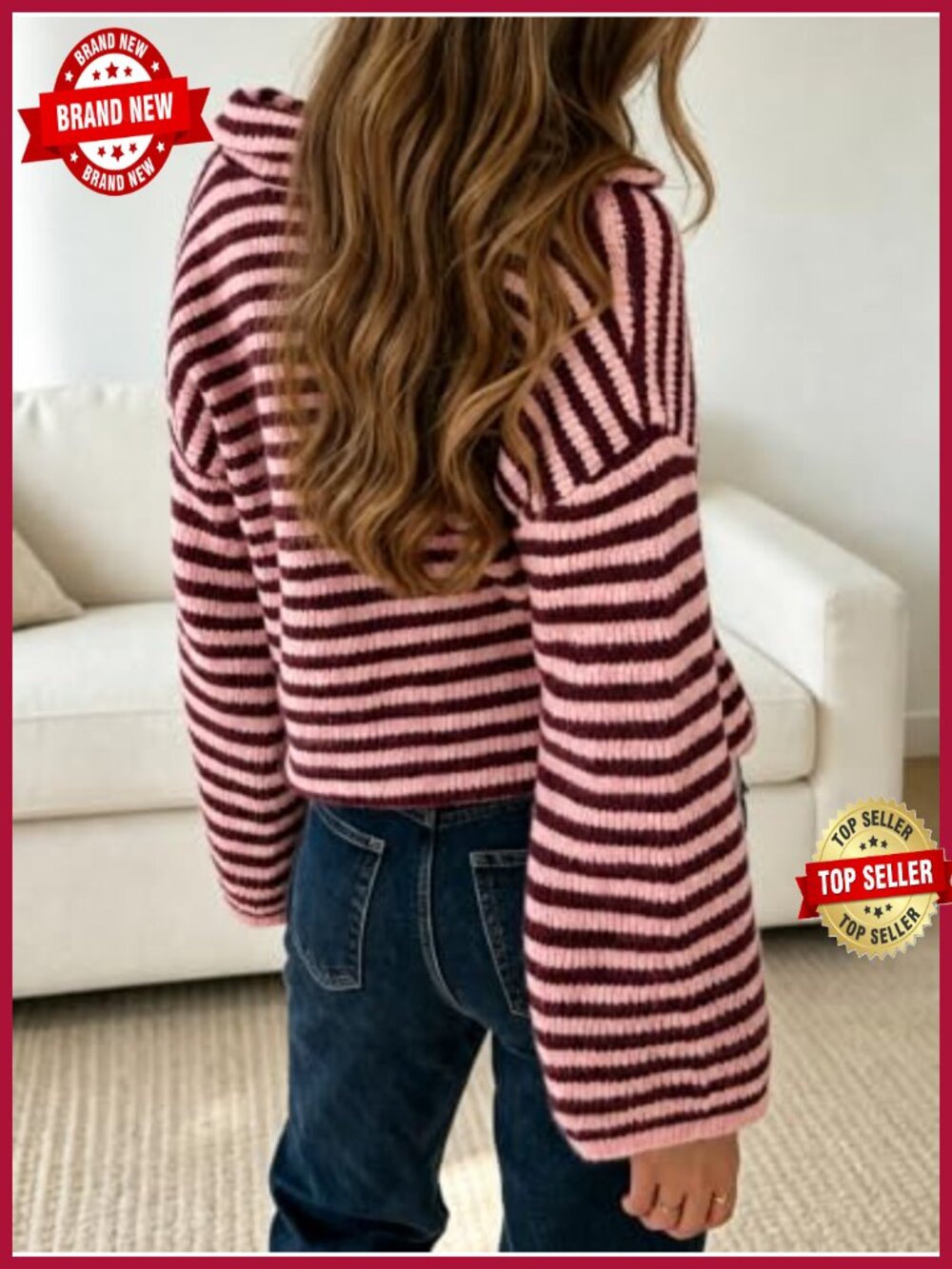 Striped Zip Up Cardigan Women Mock Neck Long Sleeve Loose Fit Knit Sweater - Picture 5 of 6